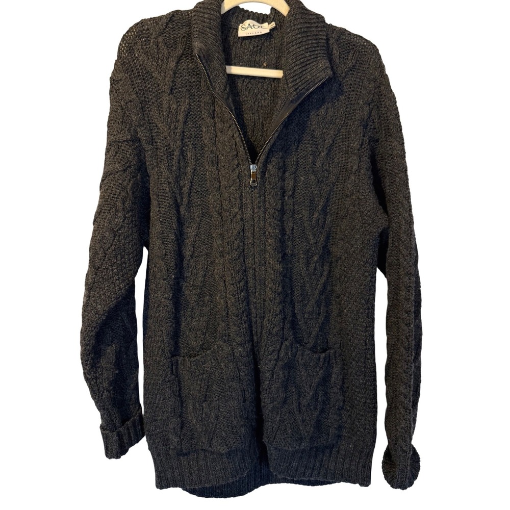 Saol Ireland Womens Merino Wool Cable Knit Zip Up Cardigan Sweater L Fisherman‎